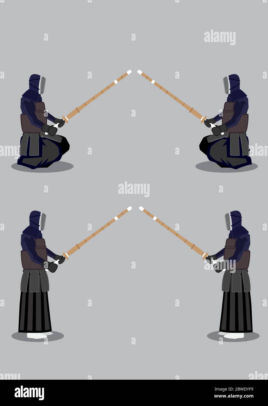 Arti marziali giapponesi, Kendo. Illustrazione vettoriale di due caratteri in piedi e squatting faccia a faccia in posizione di preparazione prima dell'azione. Illustrazione Vettoriale