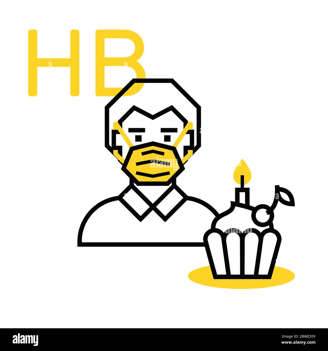Concetto di compleanno durante l'isolamento sociale e coronavirus. Uomo in maschera con cupcake isolato su sfondo bianco. Illustrazione Vettoriale