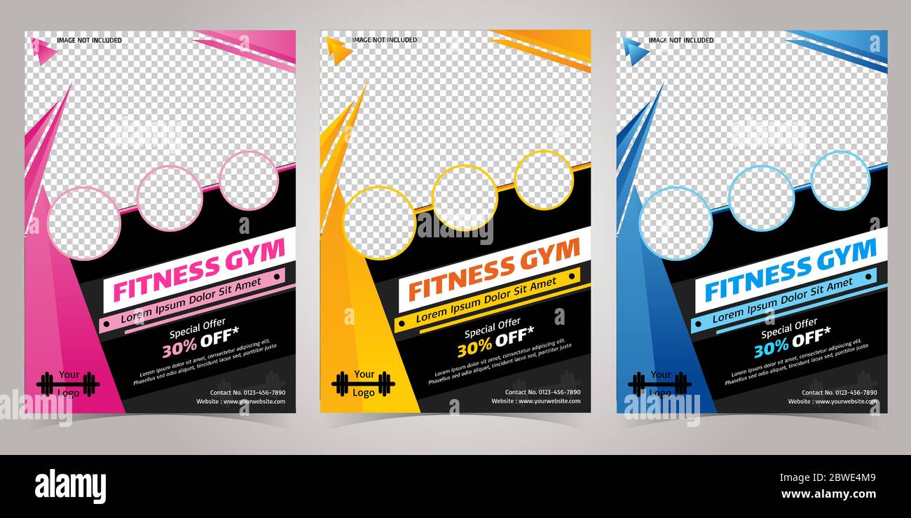 Rosa, giallo e blu colore fitness body building e gym Flyer modello per quattro foto sezione Illustrazione Vettoriale