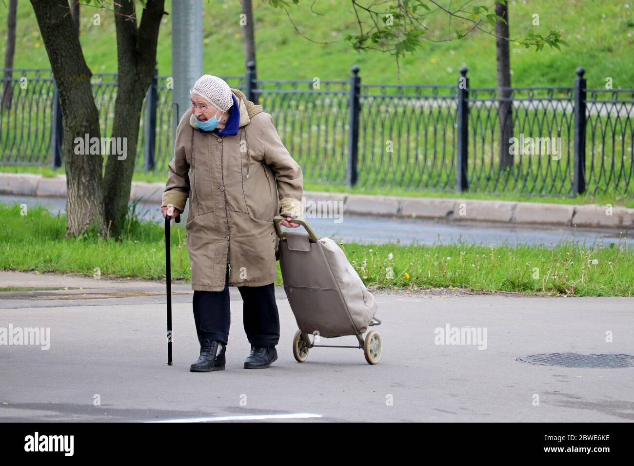 Donna anziana in maschera che cammina con un cane e una borsa a rotolamento su una strada della città. Concetto di anziani durante la pandemia di covid-19 Foto Stock