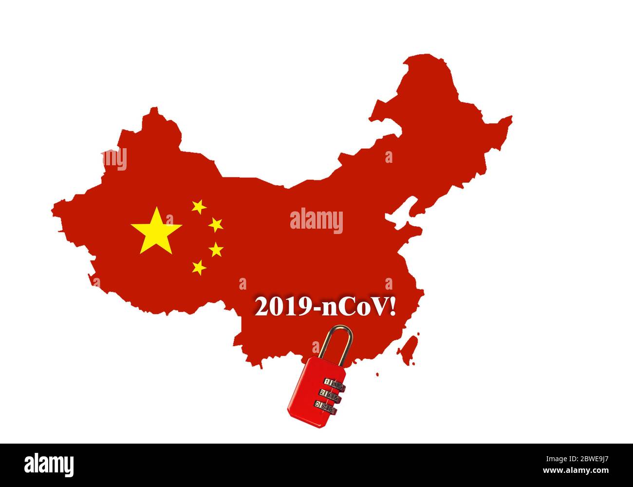 Repubblica popolare Cinese mappa paese silhouette con piccolo castello rosso e iscrizione:2019-nCoV su di esso. 2019 nuovo Coronavirus 2019-nCoV concetto. Foto Stock