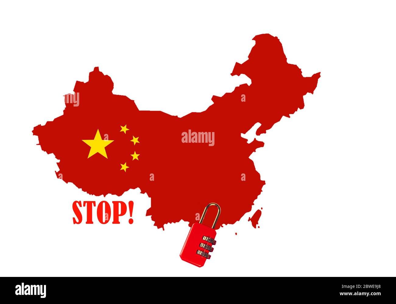 La Repubblica popolare Cinese mappa la silhouette paese con il piccolo castello rosso e l'iscrizione: FERMATI su di esso. 2019 nuovo Coronavirus 2019-nCoV concetto. Foto Stock
