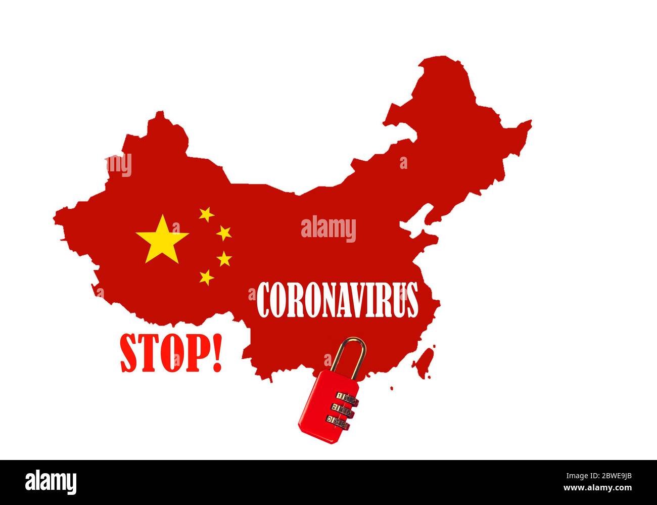 Repubblica popolare Cinese mappa paese silhouette con piccolo castello rosso e iscrizione: STOP Coronavirus su di esso. 2019 nuovo Coronavirus 2019-nCoV conc Foto Stock