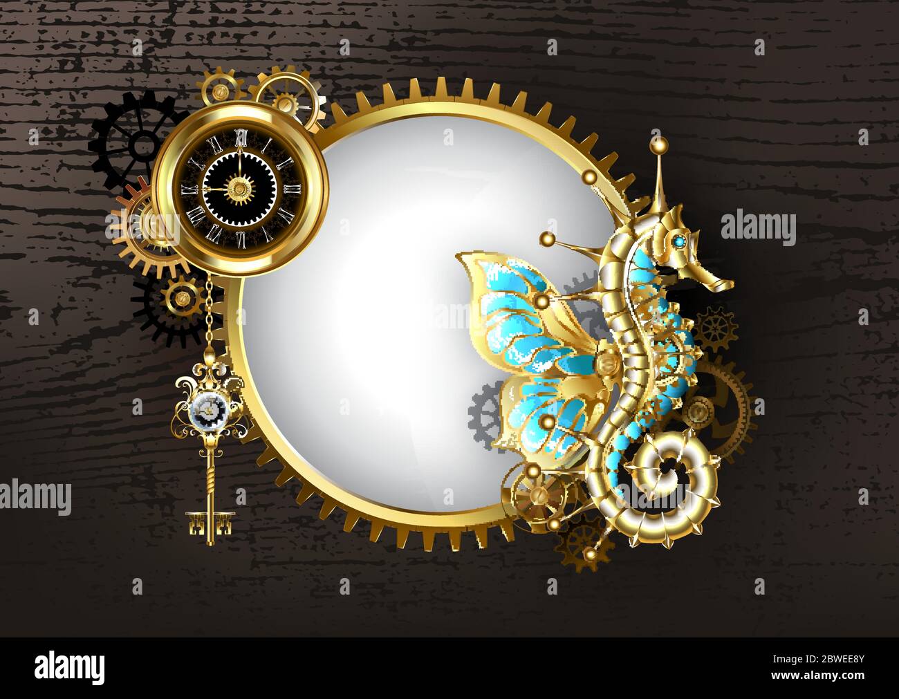 Antico banner rotondo con cavalluccio marino meccanico, orologio antico con quadrante nero e ingranaggi in ottone su sfondo di legno marrone. Stile Steampunk. Illustrazione Vettoriale