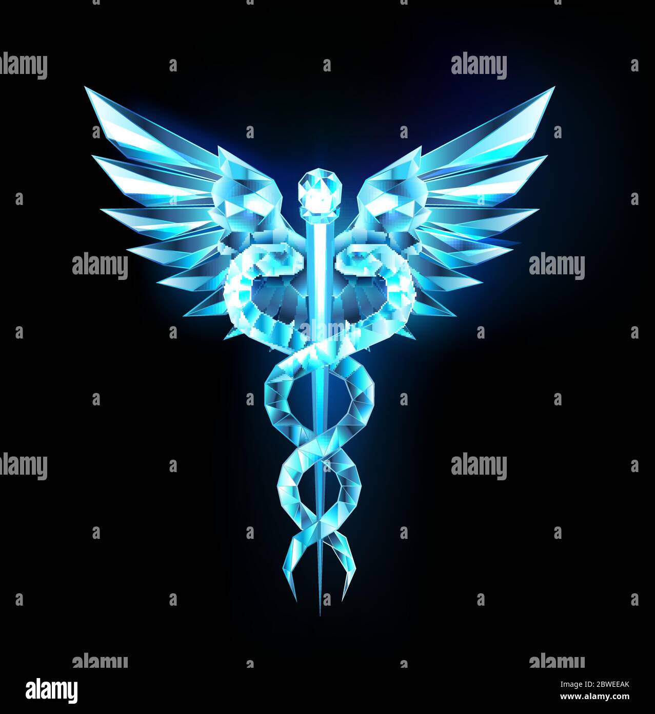 Simboli Cadoleus in cristallo blu su sfondo isolato nero. Simbolo di medicinale a bassa poli. Illustrazione Vettoriale