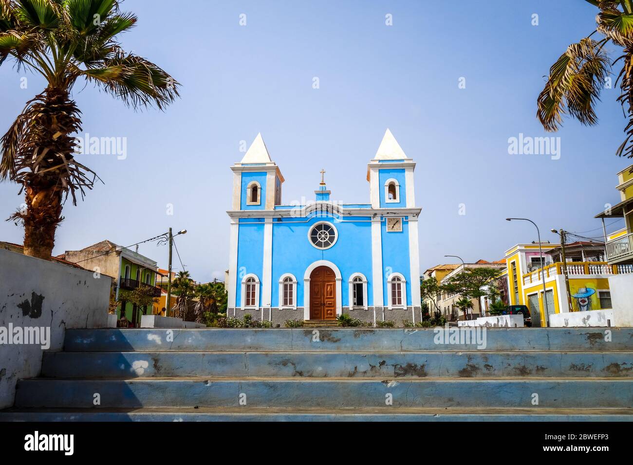 Blue Church a Sao Filipe, isola di Fogo, Capo Verde, Africa Foto Stock