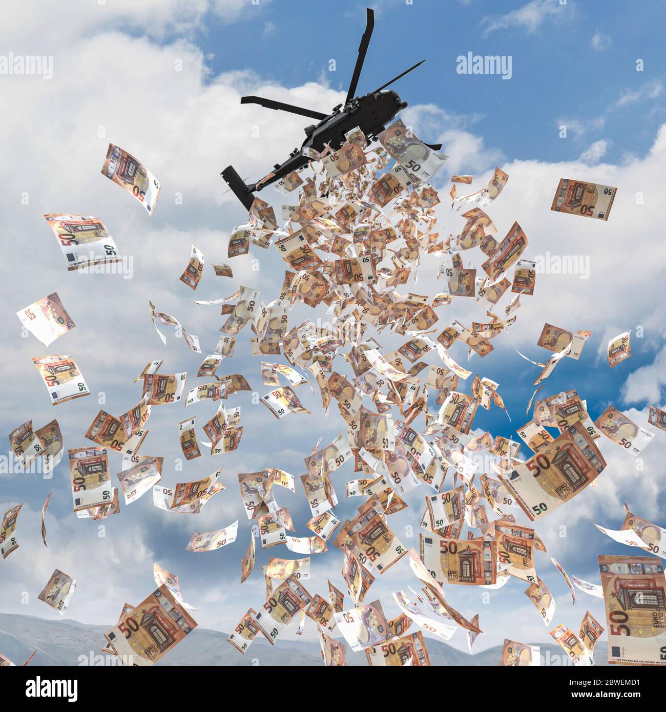 l'elicottero vola sopra una città e distribuisce denaro euro, concetto di denaro per elicotteri, aiuto finanziario indifferenziato. rendering 3d. Foto Stock