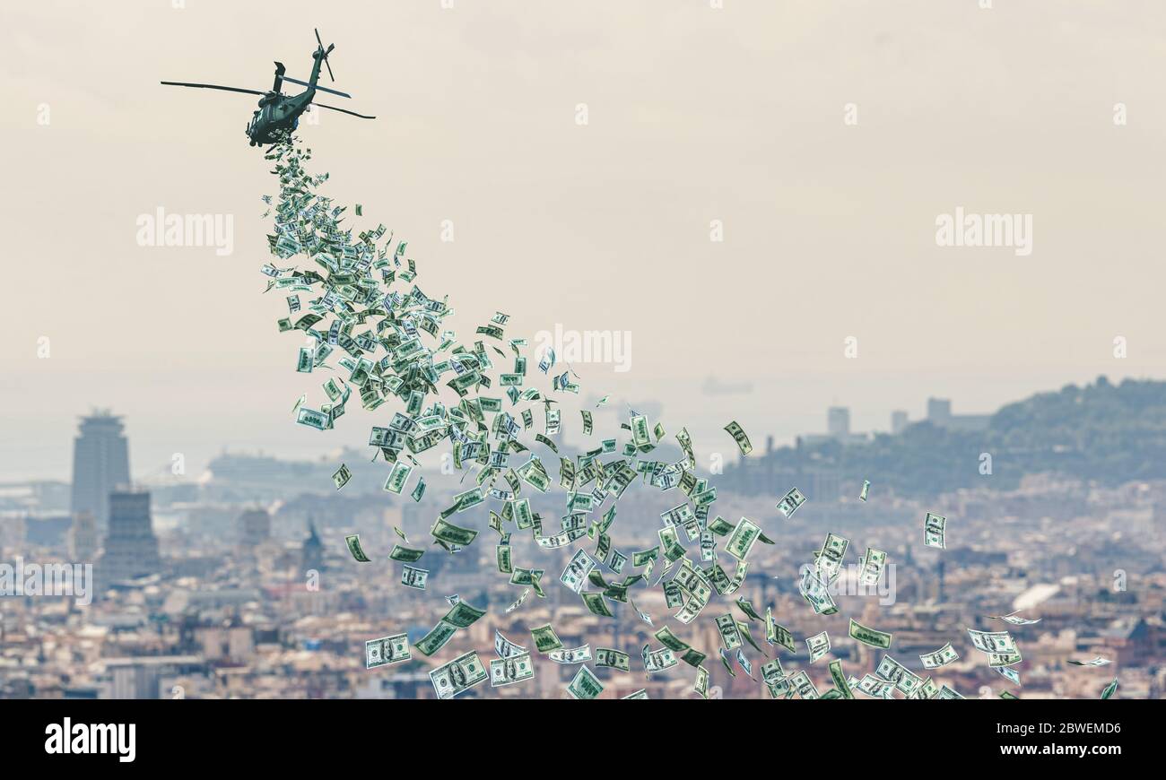 l'elicottero vola sopra una città e distribuisce denaro in dollari, concetto di denaro in elicottero, aiuto finanziario indifferenziato. rendering 3d. Foto Stock