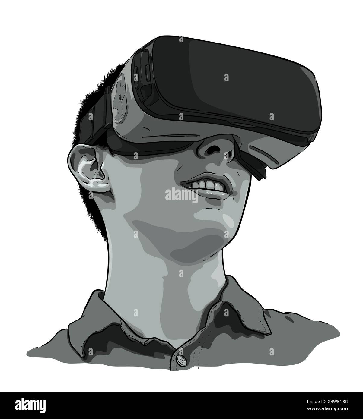 Uomo che indossa la realtà virtuale gli occhiali. Disegnata a mano illustrazione vettoriale, schizzo Illustrazione Vettoriale