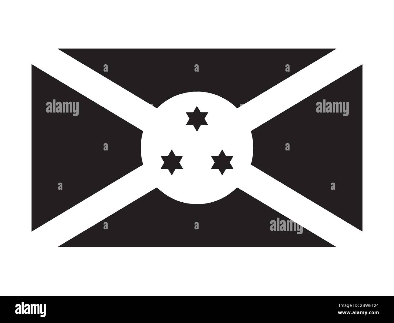 Burundi Bandiera in bianco e nero. Bandiera nazionale degli emblemi. File vettoriale EPS in scala di grigi monocromatico. Illustrazione Vettoriale