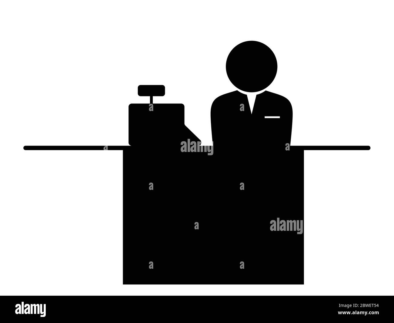 Icona cassiere. Pittogramma bianco e nero che raffigura il banco cassa con registratore di cassa e figura del bastone. File vettoriale Illustrazione Vettoriale