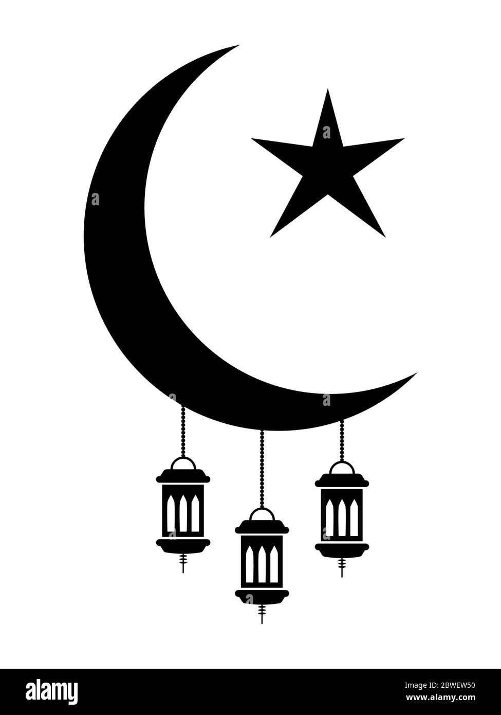 Ramadan Eid al-Fitr Crescent e Star con Lanterne. Pittogramma raffigurante le stelle della mezzaluna islamica e le lanterne. Vettore EPS Illustrazione Vettoriale