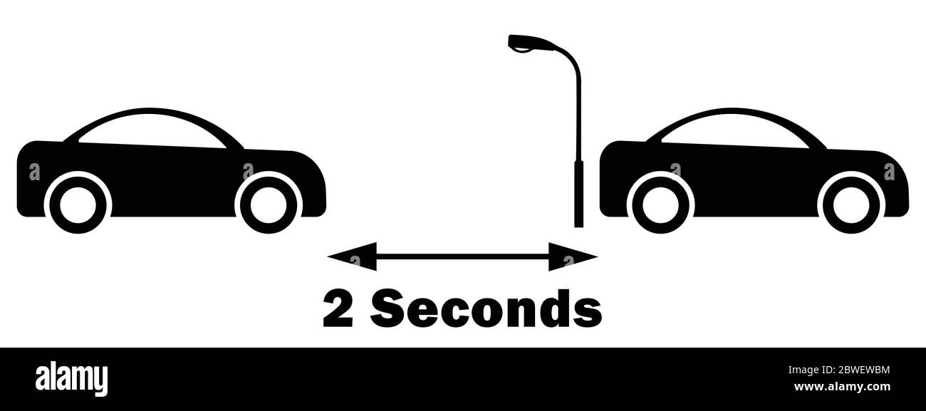 Regola di 2 secondi tra la vettura. Non aprire il portellone. Distanza di sicurezza tra le auto. EPS vettoriale in bianco e nero Illustrazione Vettoriale