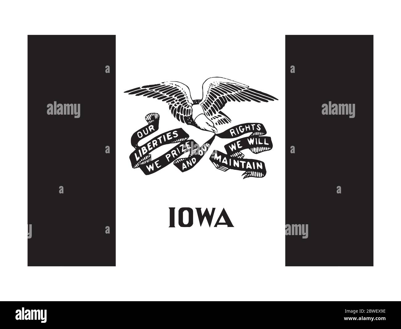 Bandiera dello stato dell'Iowa IA. Stati Uniti d'America. File vettoriale EPS in bianco e nero. Illustrazione Vettoriale