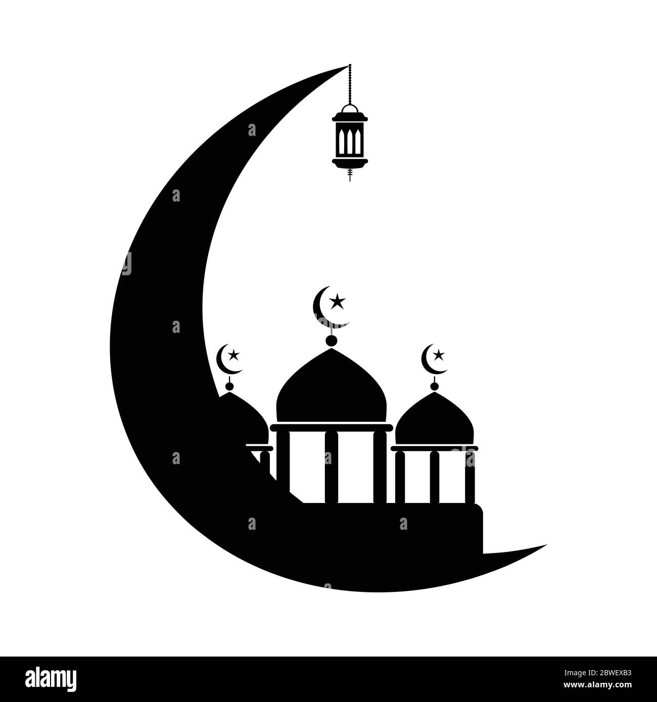 Moschea con mezzaluna e Lanterna. Pittogramma bianco e nero raffigurante la mezzaluna della moschea musulmana islamica. Ramadan festive Season Eid al-Fit. EPS Illustrazione Vettoriale