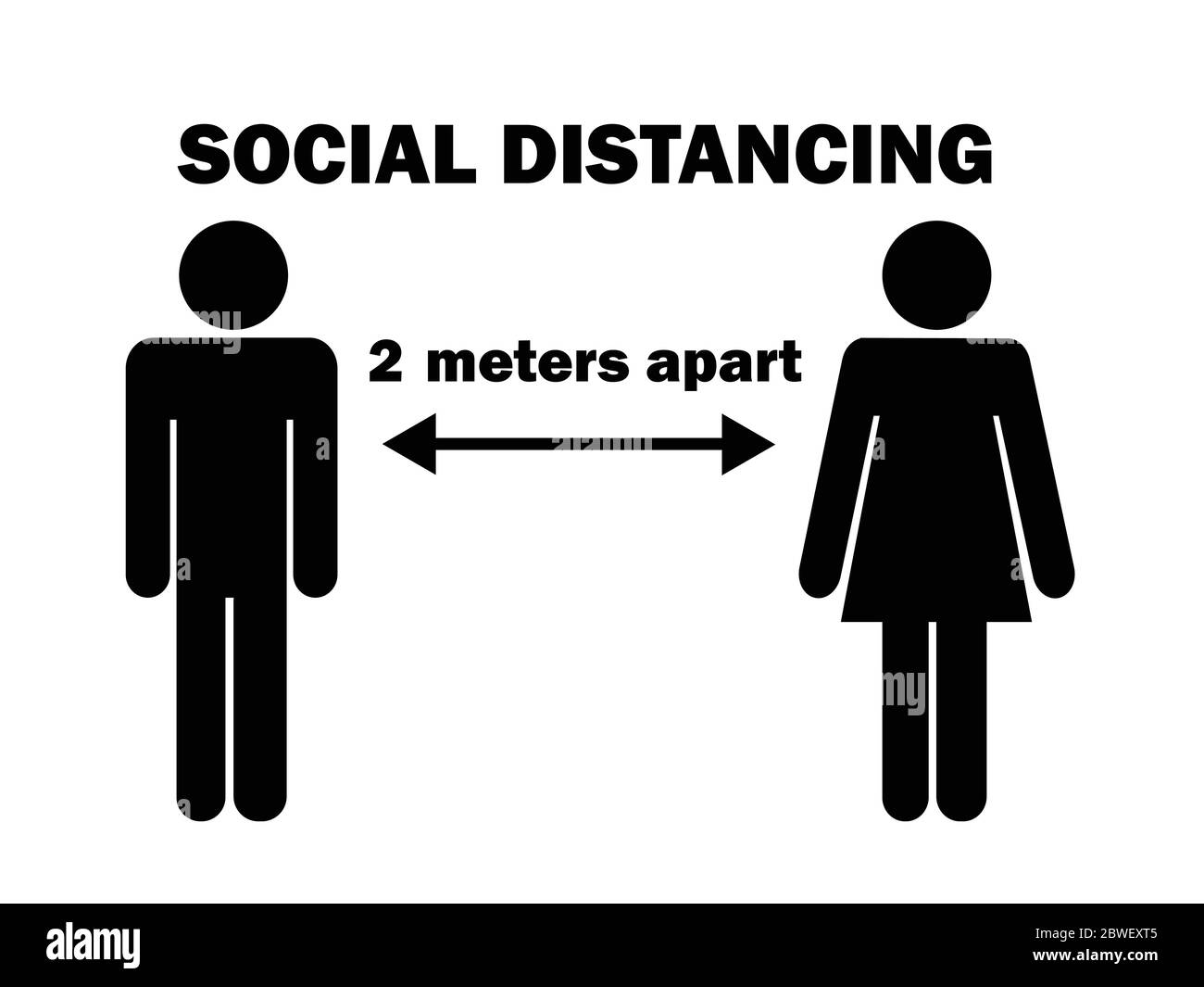Uomo donna Stick Figure distanza sociale 2 metri di distanza. Illustrazione del pittogramma che descrive il distanziamento sociale durante il Covid19 pandemico. File vettoriale Illustrazione Vettoriale