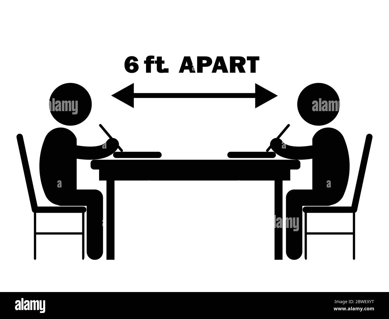 Due studenti che studiano scrivania 6 piedi A parte. Illustrazione che raffigura un allontanamento sociale durante la pandemia del covid-19. Vettore in bianco e nero Illustrazione Vettoriale