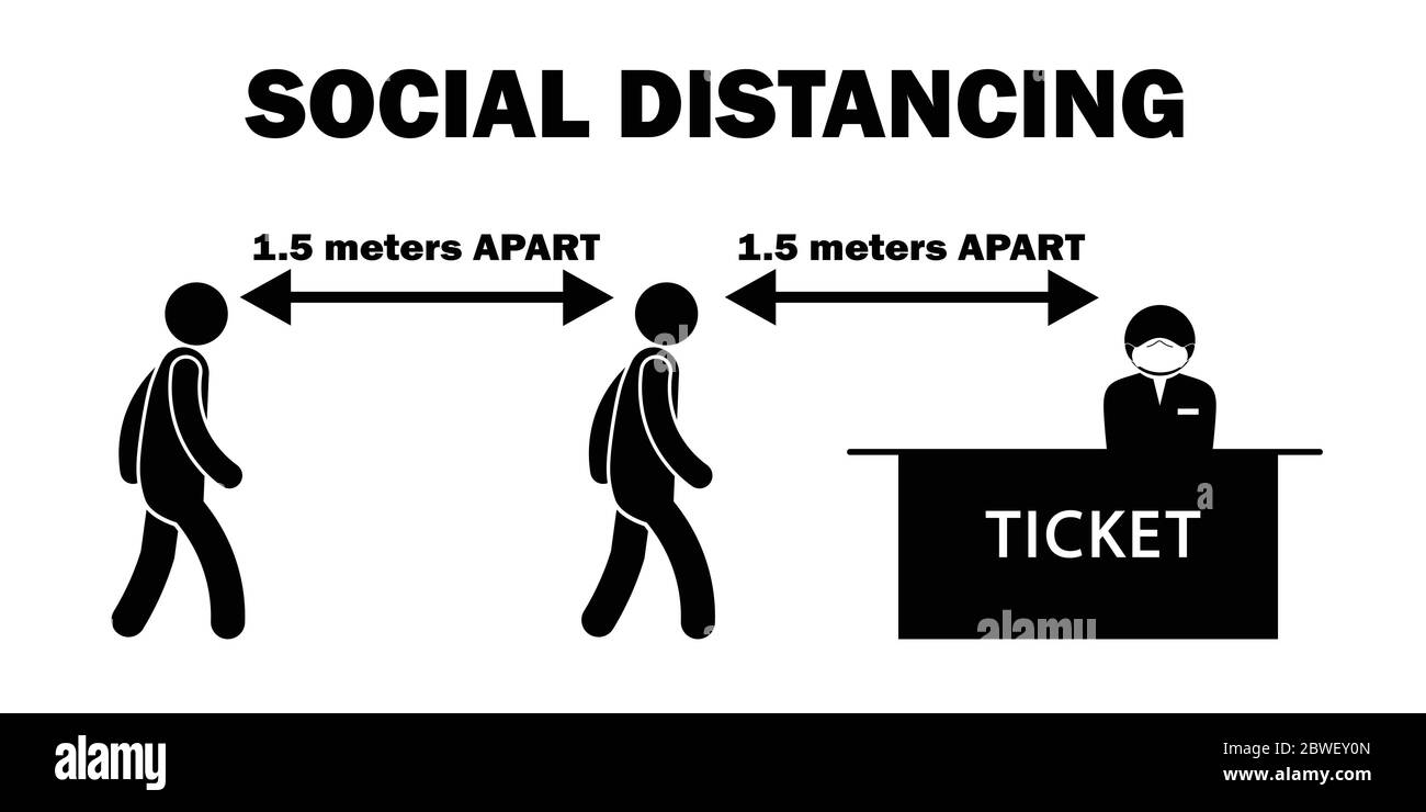 Distanza sociale 1.5 metri m Apart Stick Figura al banco biglietteria linea coda con maschera. File vettoriale in bianco e nero Illustrazione Vettoriale