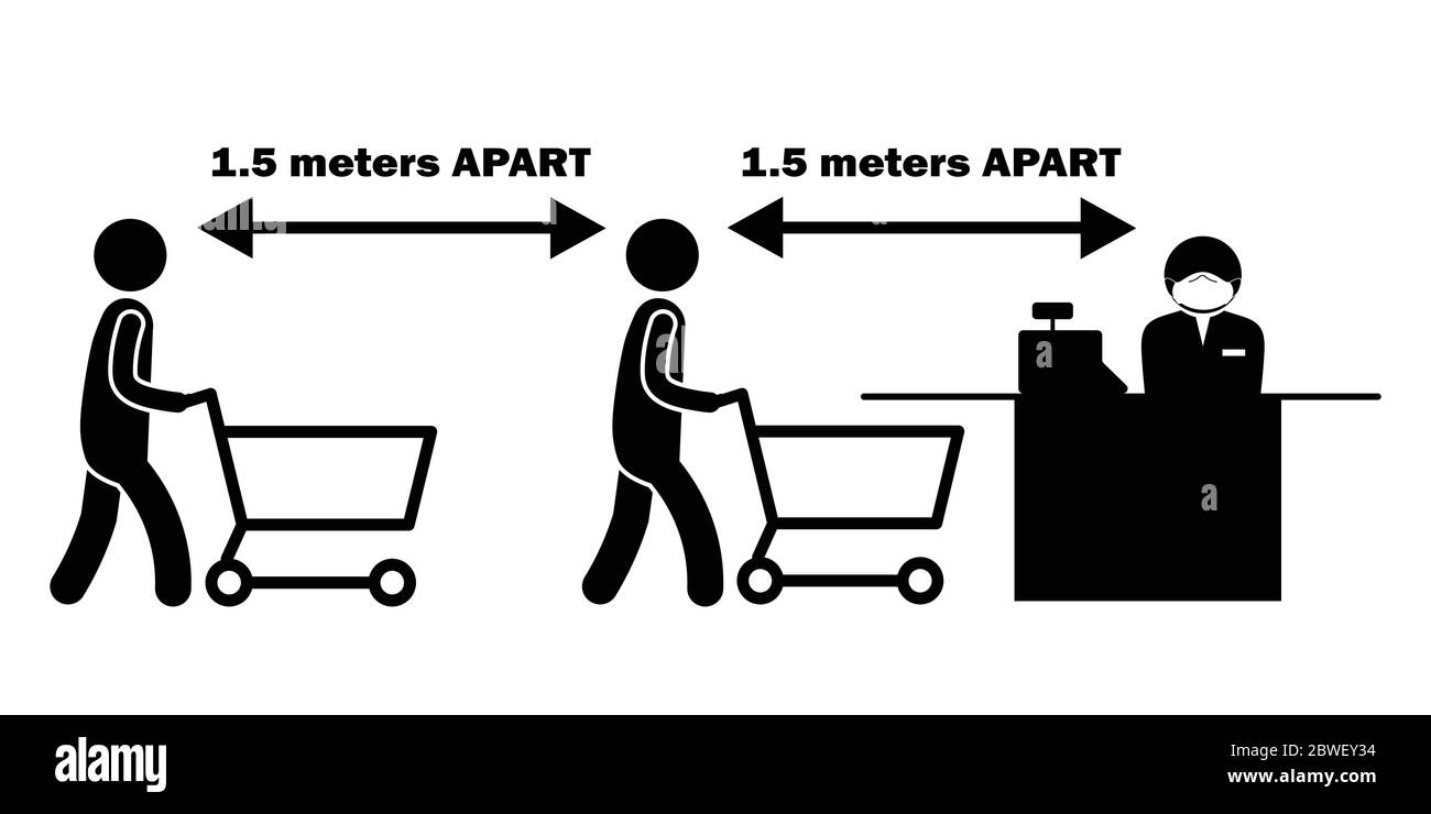 Personaggio con bastone a distanza sociale da 1.5 m con carrello a cassa coda linea cassa. File vettoriale Illustrazione Vettoriale