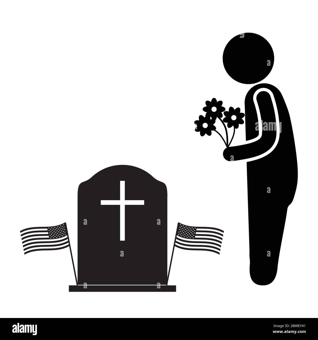 Visita la tomba con i fiori durante il Memorial Day. Pittogramma bianco e nero raffigurante il personaggio Man Stick portare i fiori alla tomba durante il Memorial Day. Vettore Illustrazione Vettoriale