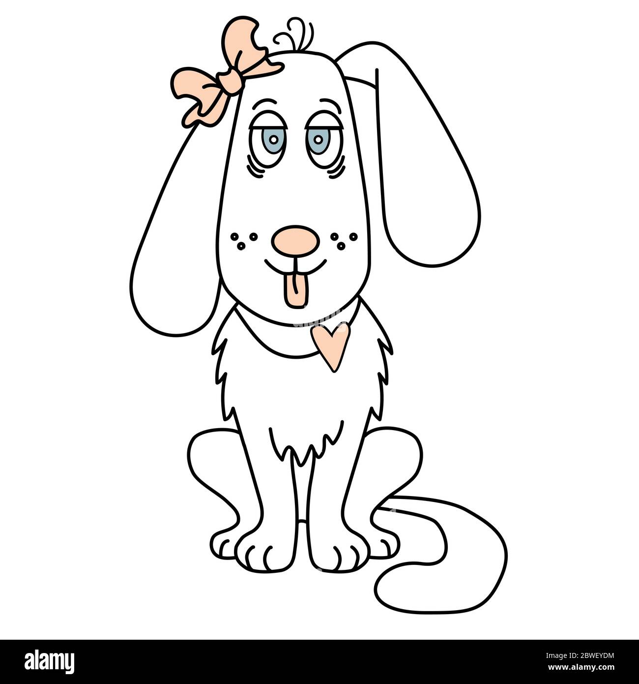 Carino ragazza bianca del cane con arco e lingua e cuore che si stacca. Illustrazione del contorno Illustrazione Vettoriale