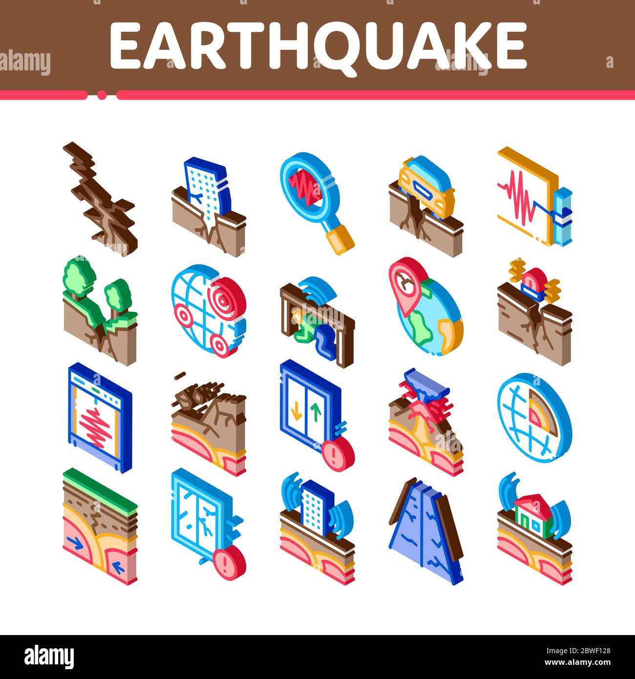 Icone isometriche di terremoto Disaster Imposta vettore Illustrazione Vettoriale