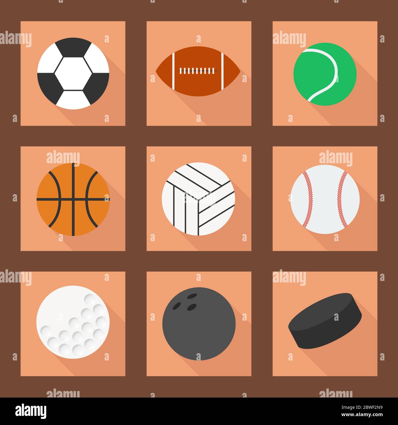Icone semplici di sport di fotoricettore. Set di simboli di palla piatta. Attrezzature sportive: Calcio, calcio, tennis, pallavolo, pallacanestro, baseball, hockey, golf, rugby. Icone Illustrazione Vettoriale