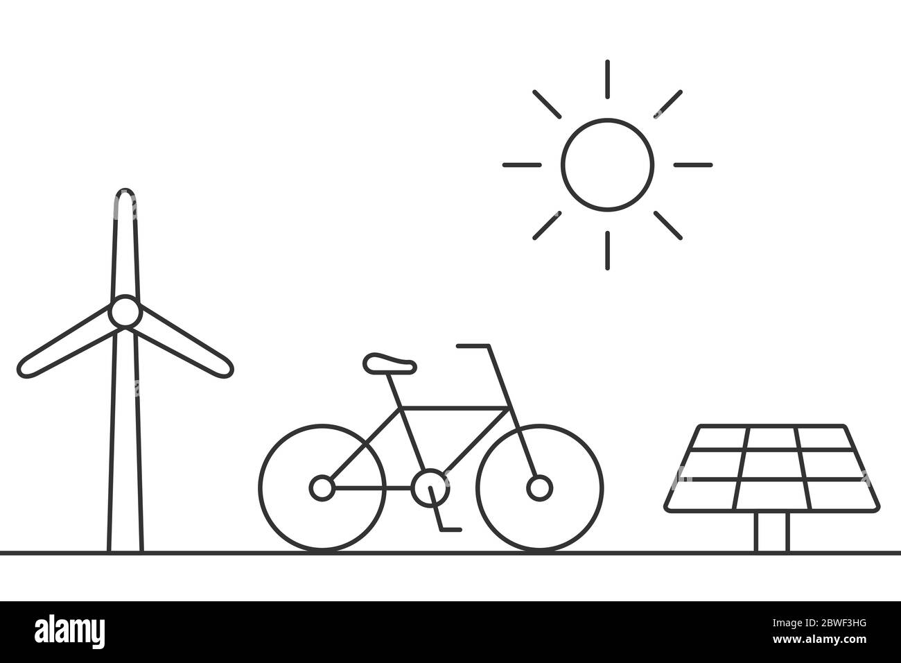 Turbine eoliche, moto, pannello solare, sole, icone di linea. Concetto di energia alternativa e di stile di vita sostenibile. Trasporti ecologici. Contorno nero su bianco Illustrazione Vettoriale