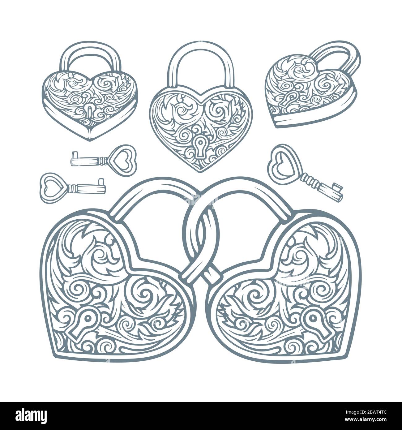 Lucchetti e chiavi a forma di cuore con ornamenti floreali vintage. Simbolo di rapporto, amore e amicizia insieme di illustrazioni vettoriali. Illustrazione Vettoriale