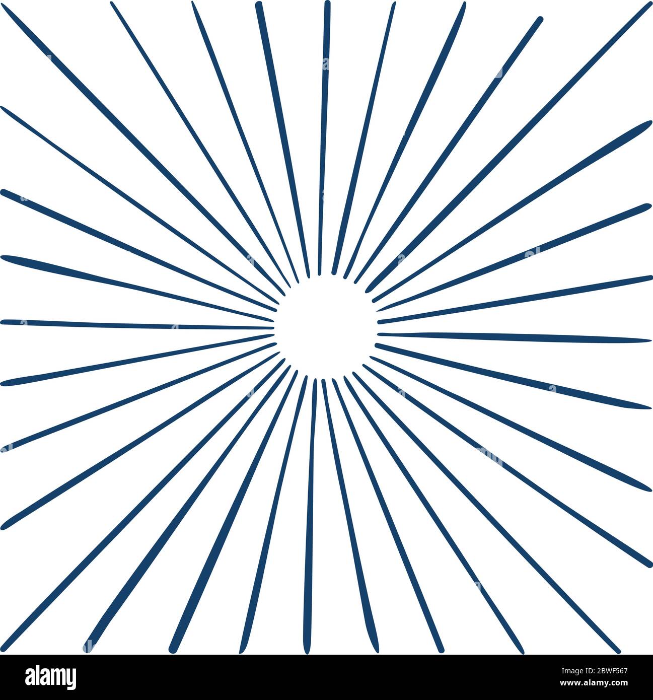 Sunburst. Illustrazione vettoriale dei raggi di luce disegnati a mano. Elementi di design Sunburst, disegno lineare. Raggi di luce sunburst per logo retro e emblema. Illustrazione Vettoriale