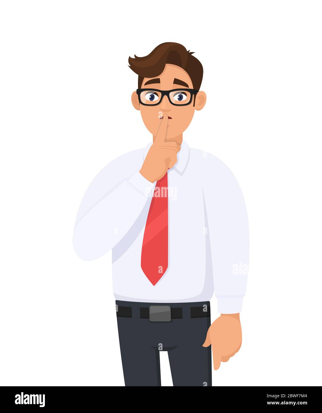 Ritratto di giovane bell'uomo d'affari che fa gesto shh, mantenendo segreto o chiedendo silenzio con le dita sulle labbra. Silenzio! OH! Silenzio per favore! Illustrazione Vettoriale