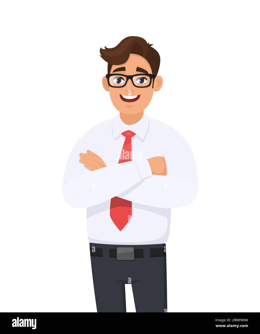 Ritratto di bel giovane in camicia bianca e cravatta rossa che tiene incrociate le braccia, con occhiali. Uomo d'affari in piedi con braccia ripiegate posa. Vettore Illustrazione Vettoriale