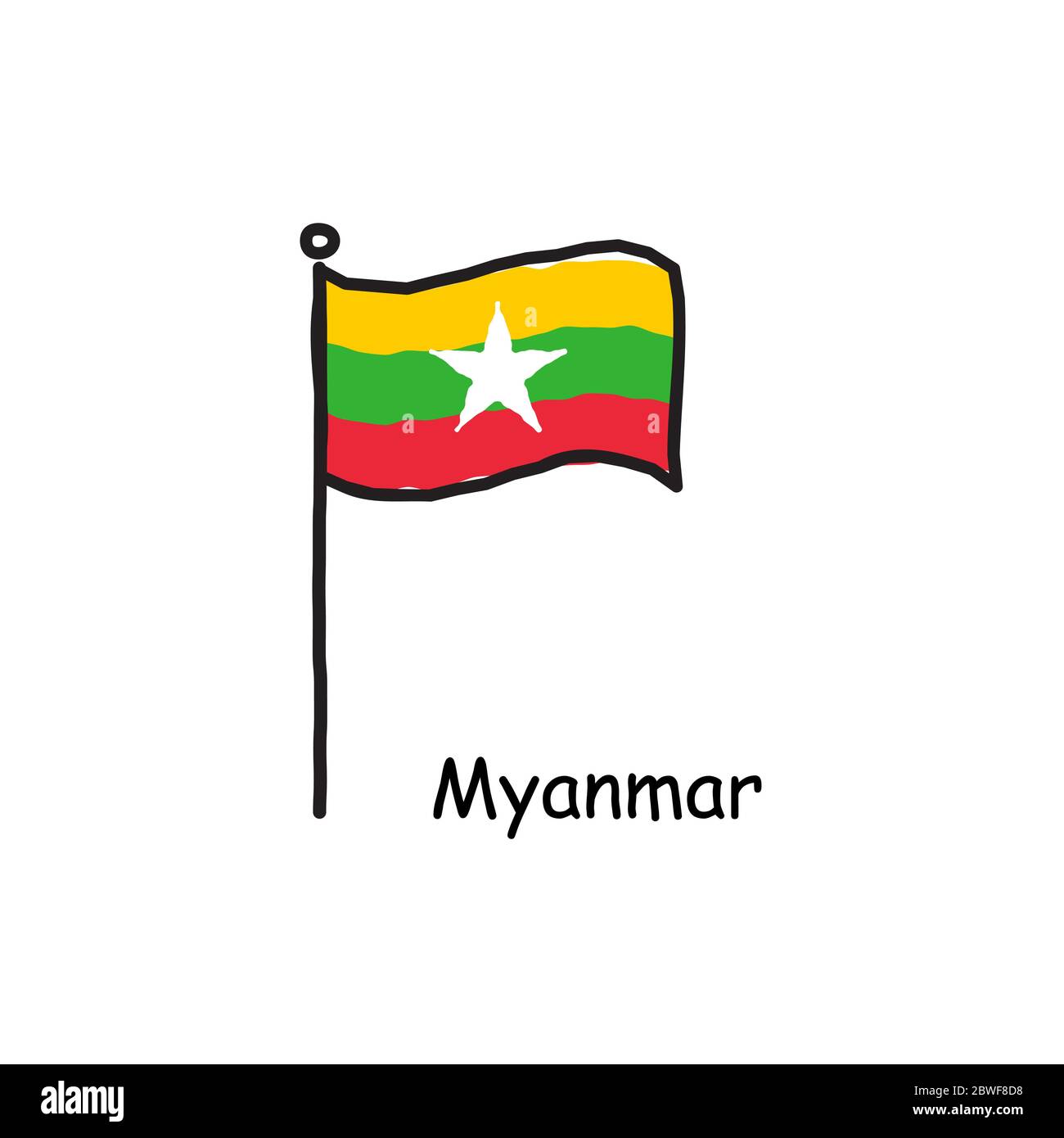 Bandiera di Myanmar disegnata a mano sul palo della bandiera. Bandiera a tre colori . Illustrazione vettoriale stock isolata su sfondo bianco. Illustrazione Vettoriale