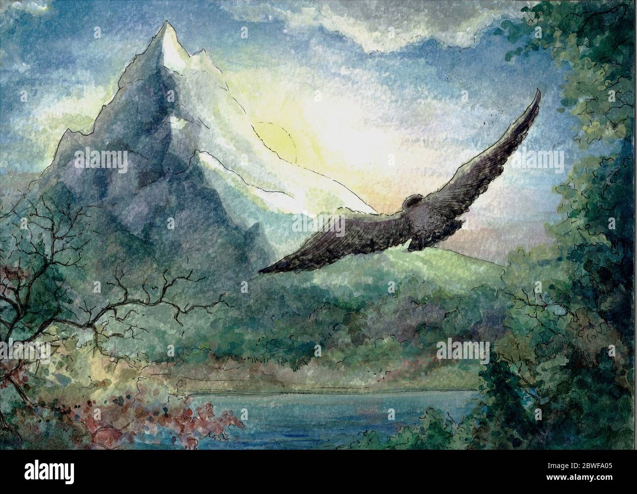 Un falco che vola verso la montagna al mattino, illustrazione acquerello Foto Stock