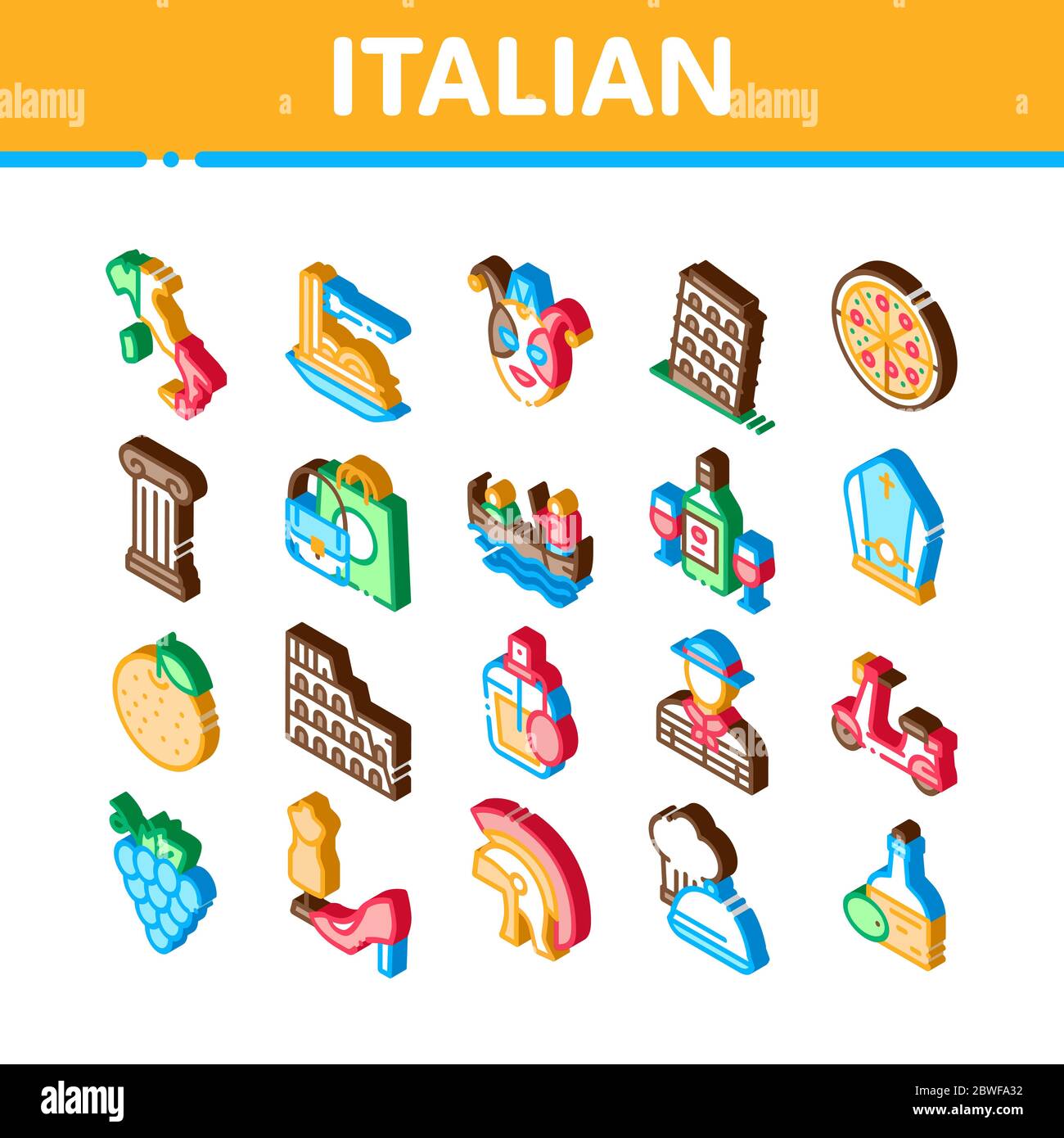 Italiano icone isometriche tradizionali Imposta vettore Illustrazione Vettoriale