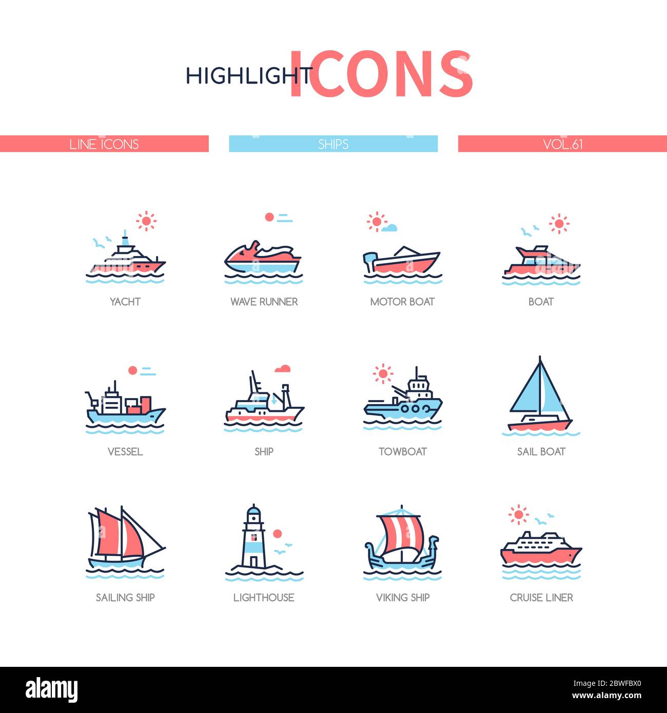 Diverse navi - set di icone di stile di disegno della linea Illustrazione Vettoriale