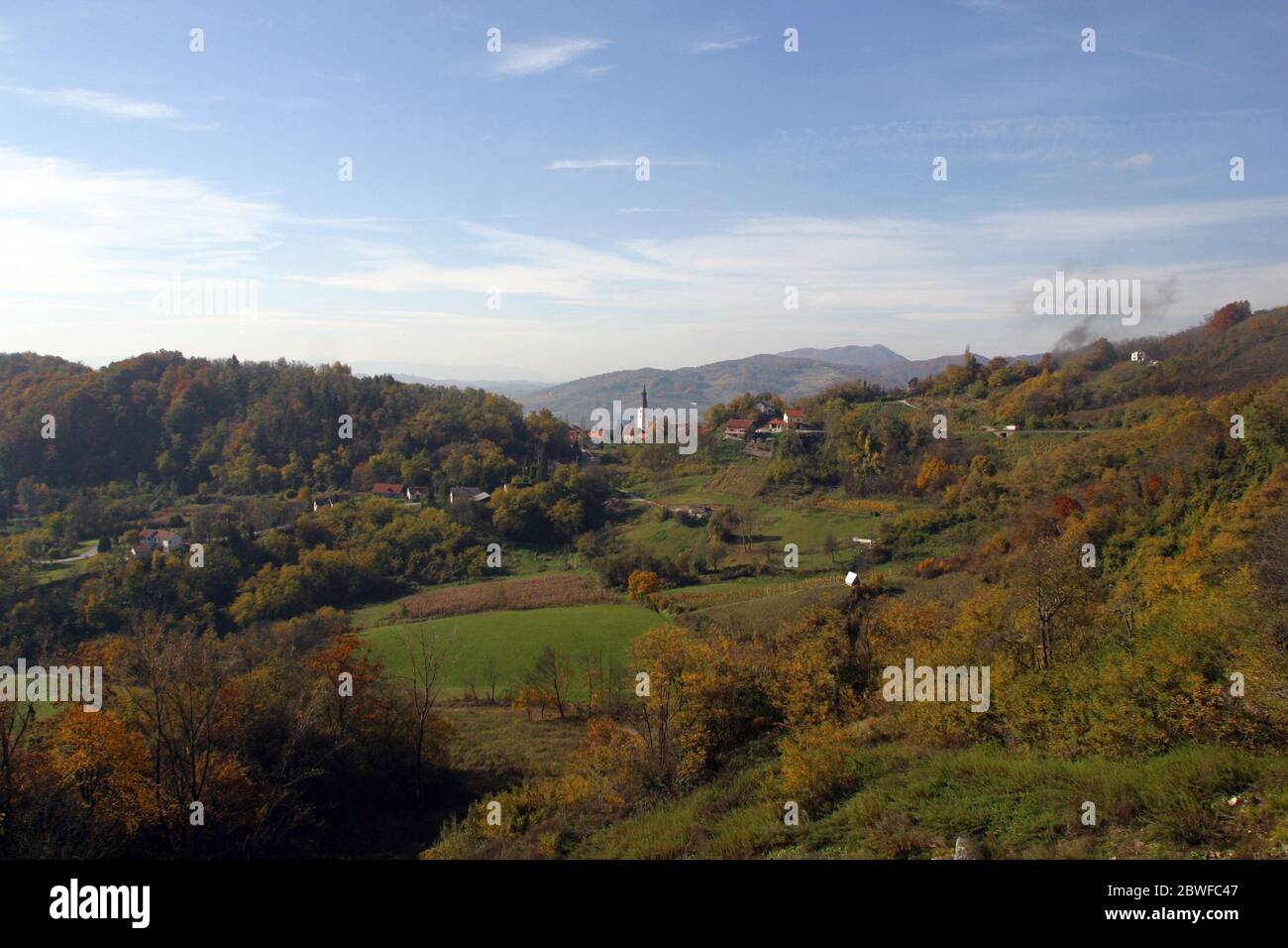 Vista aerea della piccola città di Klanjec nella Croazia nordoccidentale Foto Stock