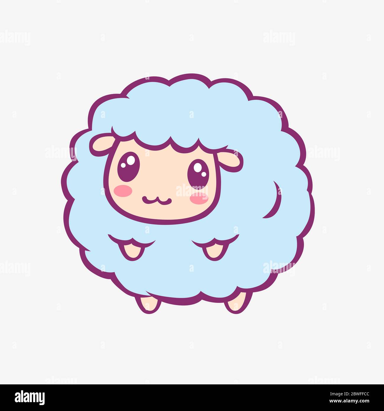 Pecora cartoon Kawaii. Pecora sorridente divertente con lo stile anime di lana blu. Illustrazione Vettoriale