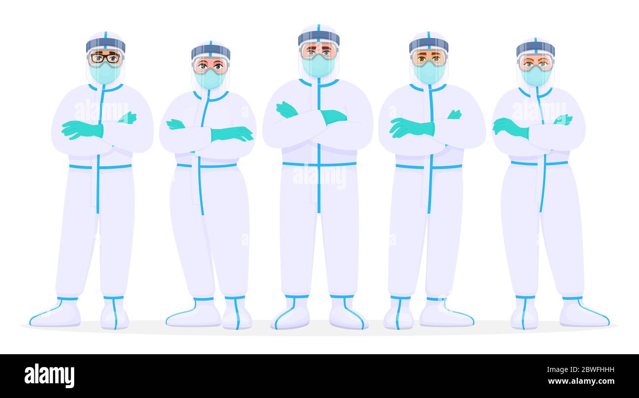 Gruppo di medici in tuta di protezione, visiera, maschera e occhiali. Team di personale medico con dispositivi di protezione individuale. Illustrazione del medico. Illustrazione Vettoriale