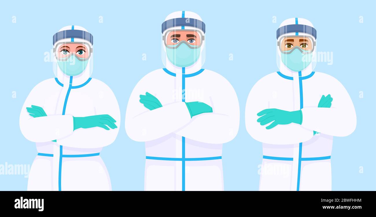 Team di medici in tuta protettiva, maschera e occhiali. Gruppo di personale medico con dispositivi di protezione individuale. Illustrazione dei chirurghi. Illustrazione Vettoriale
