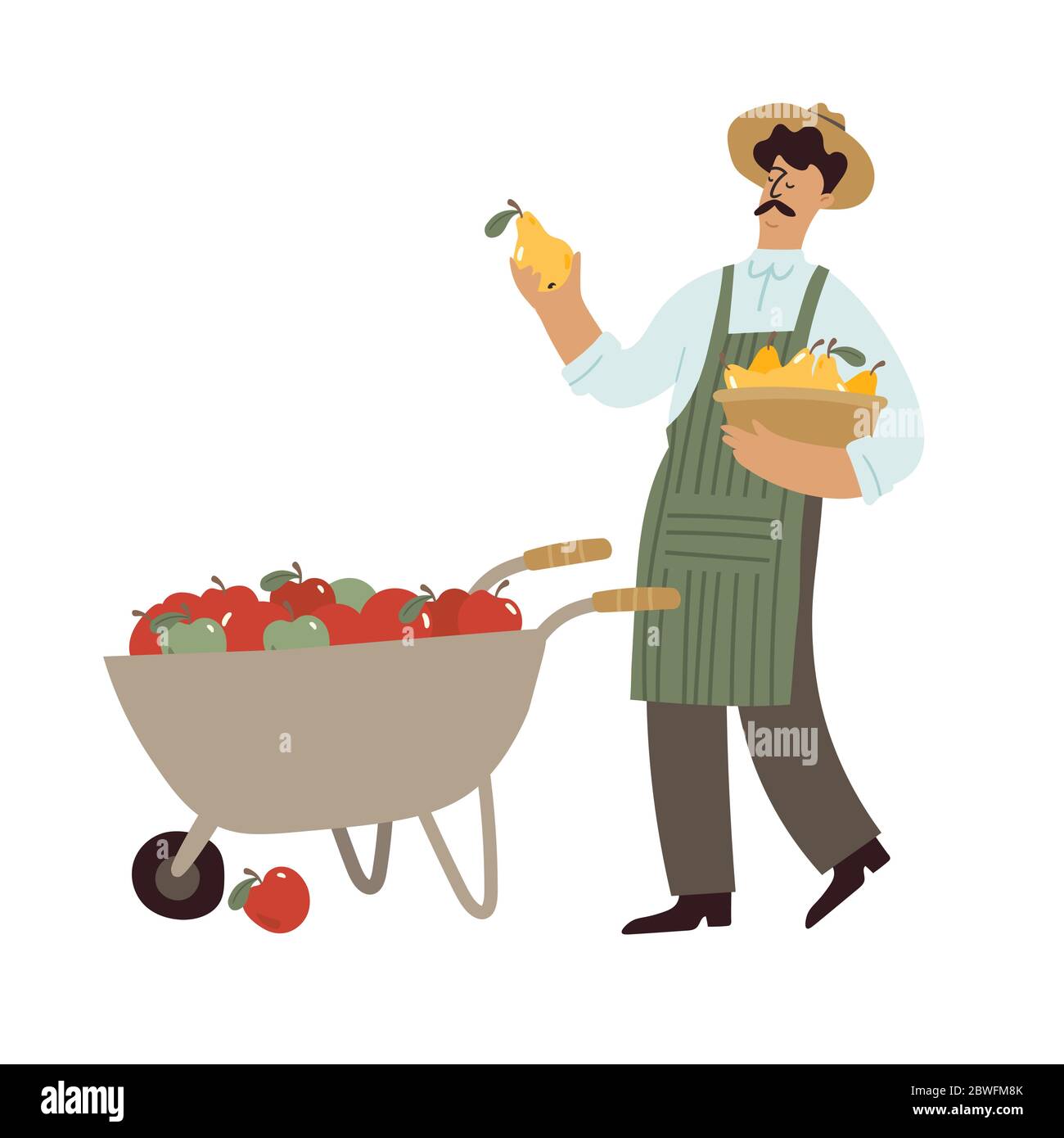 Uomo in piedi con carriola e vendita di mele e pere. Illustrazione Vettoriale