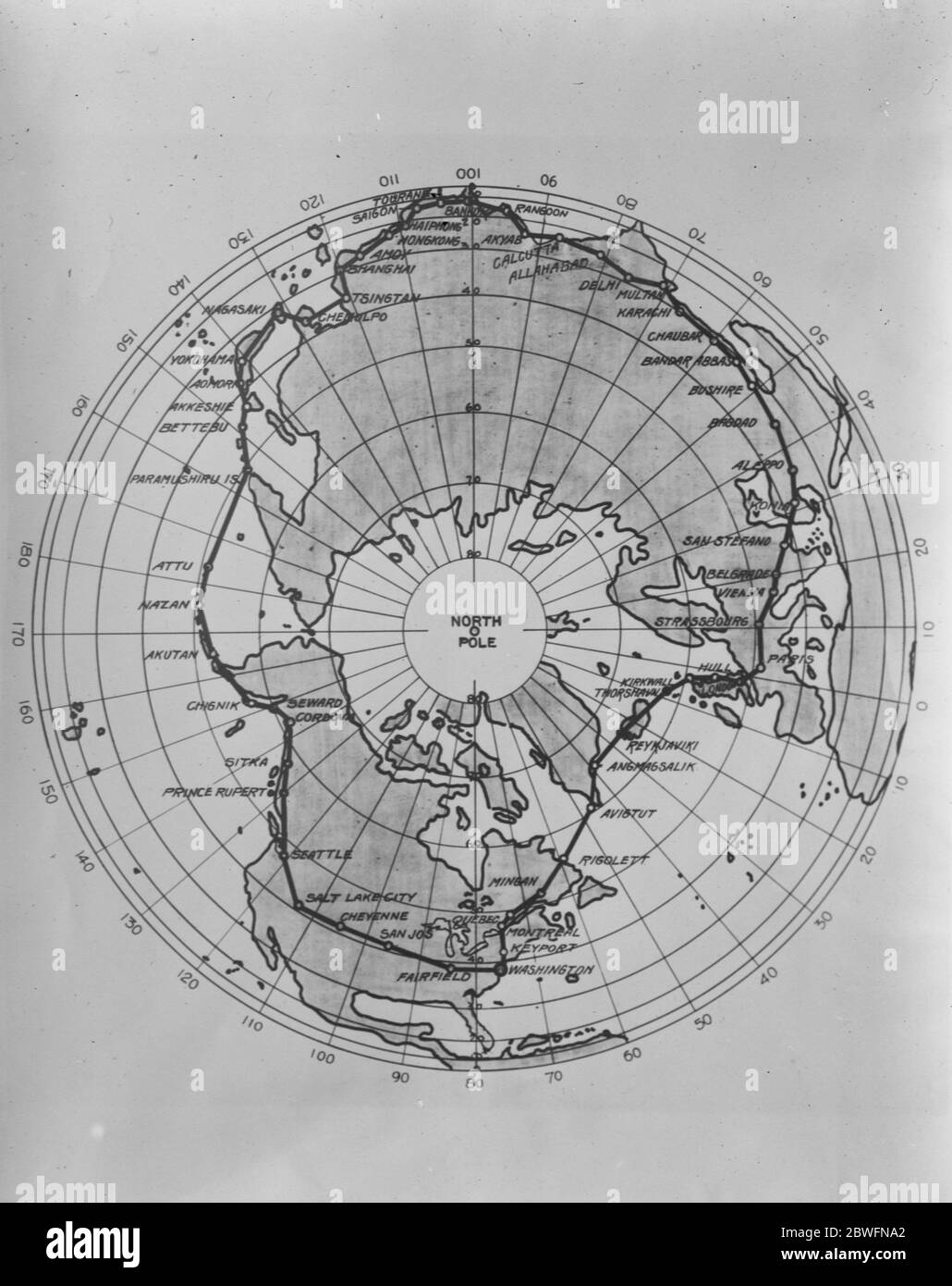 Il volo del mondo americano il servizio aereo dell'esercito intorno al mondo ha cominciato da Santa Monica, California Mappa del volo aereo dell'esercito degli Stati Uniti propellato intorno al mondo 17 marzo 1924 Foto Stock