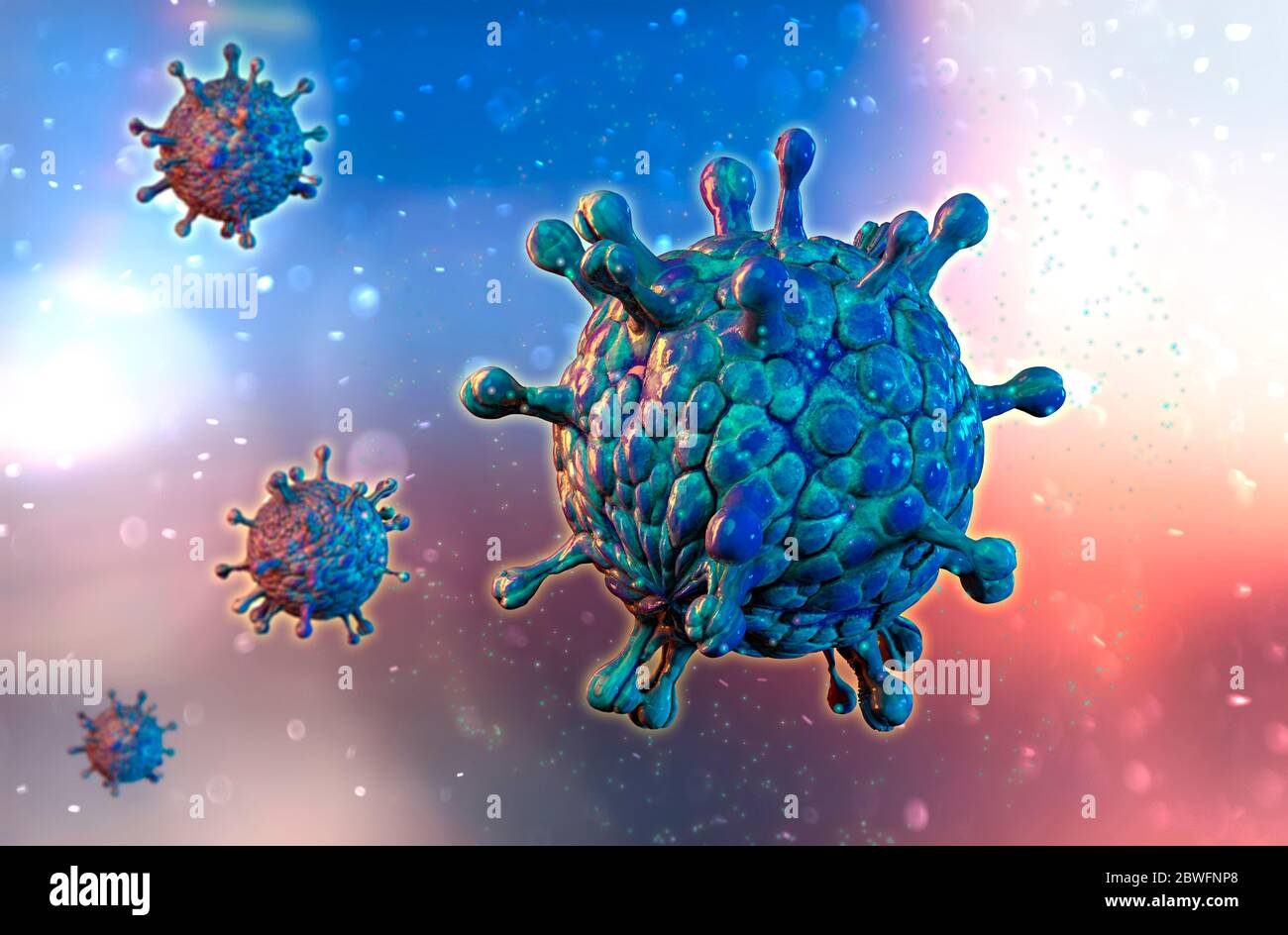 Propagazione di spore, diffusione di un virus, polline e infiammazioni. Organismi microscopici, duplicazione di microrganismi. Covid-19, coronavirus Foto Stock