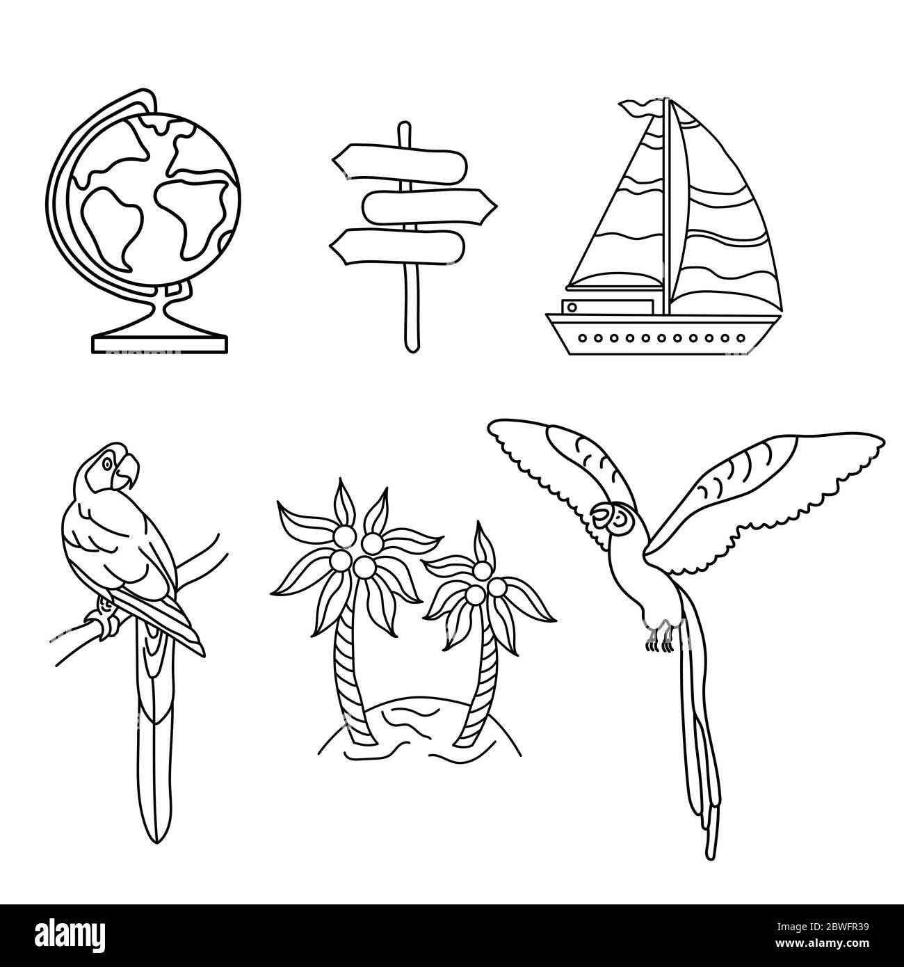 Illustrazione per il design lifestyle. Set di viaggi di doodles. Pappagalli, isola e nave. Linea ART. Collezione di simboli di contorno. Illustrazione Vettoriale