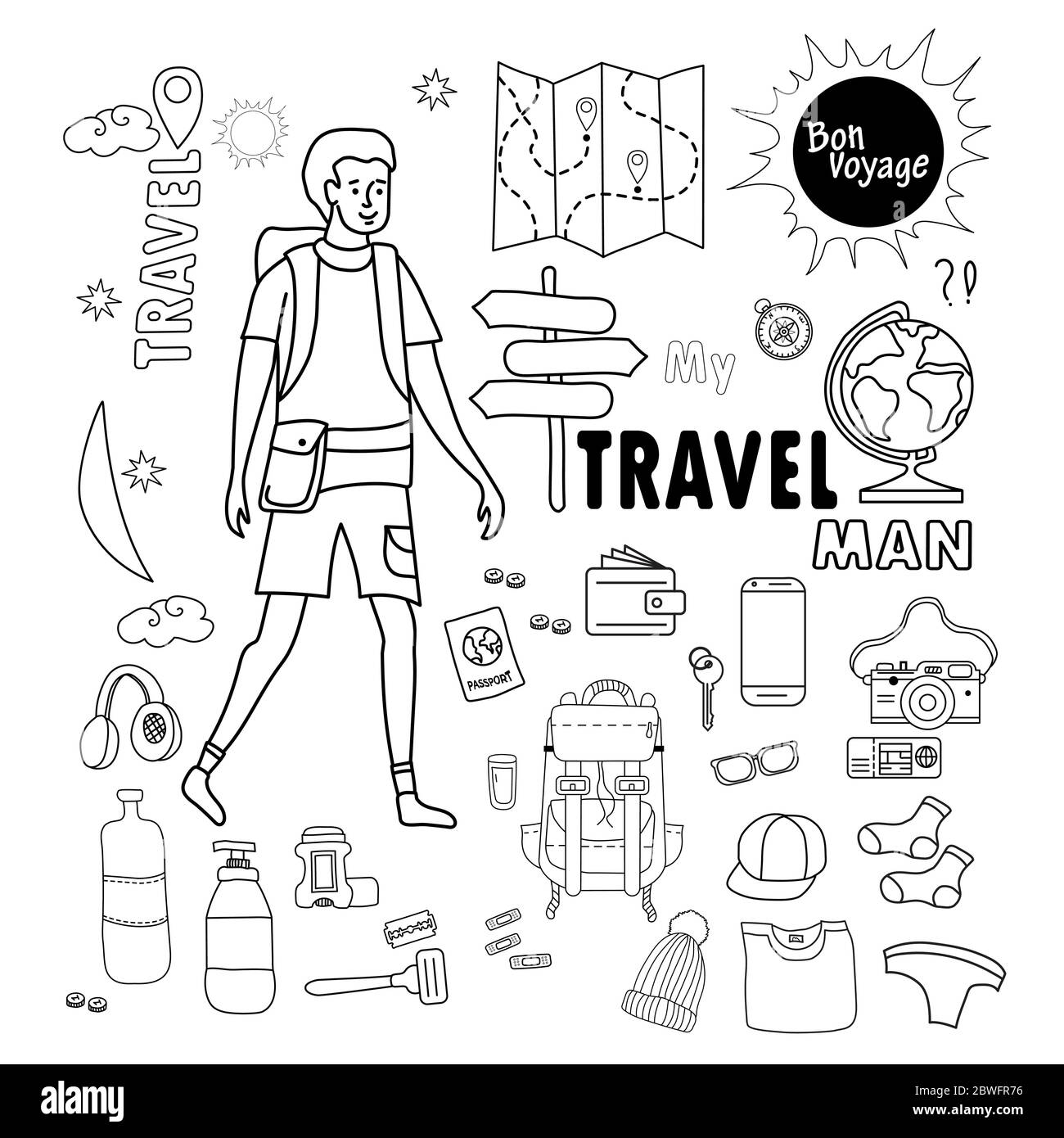 uomo turistico. Doodle materiale di viaggio per gli uomini. Set di immagini viaggio e vacanza - bagagli, cose, vestiti e scarpe, articoli e documenti per l'igiene. Tutto Illustrazione Vettoriale