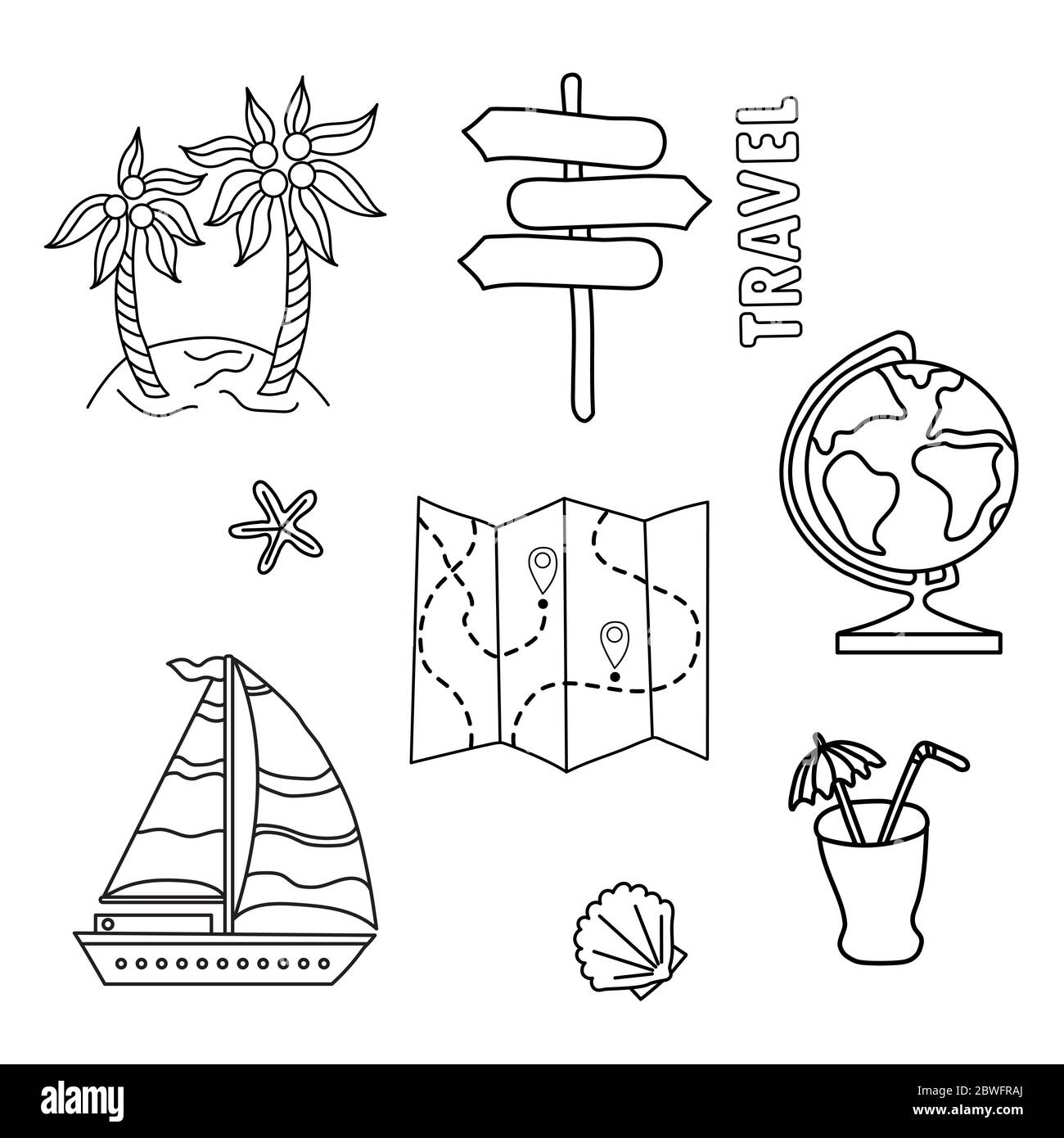 Illustrazione per il design lifestyle. Set di viaggi di doodles. Collezione di simboli di contorno. Globo, cockleshell, navigazione, cocktail Illustrazione Vettoriale