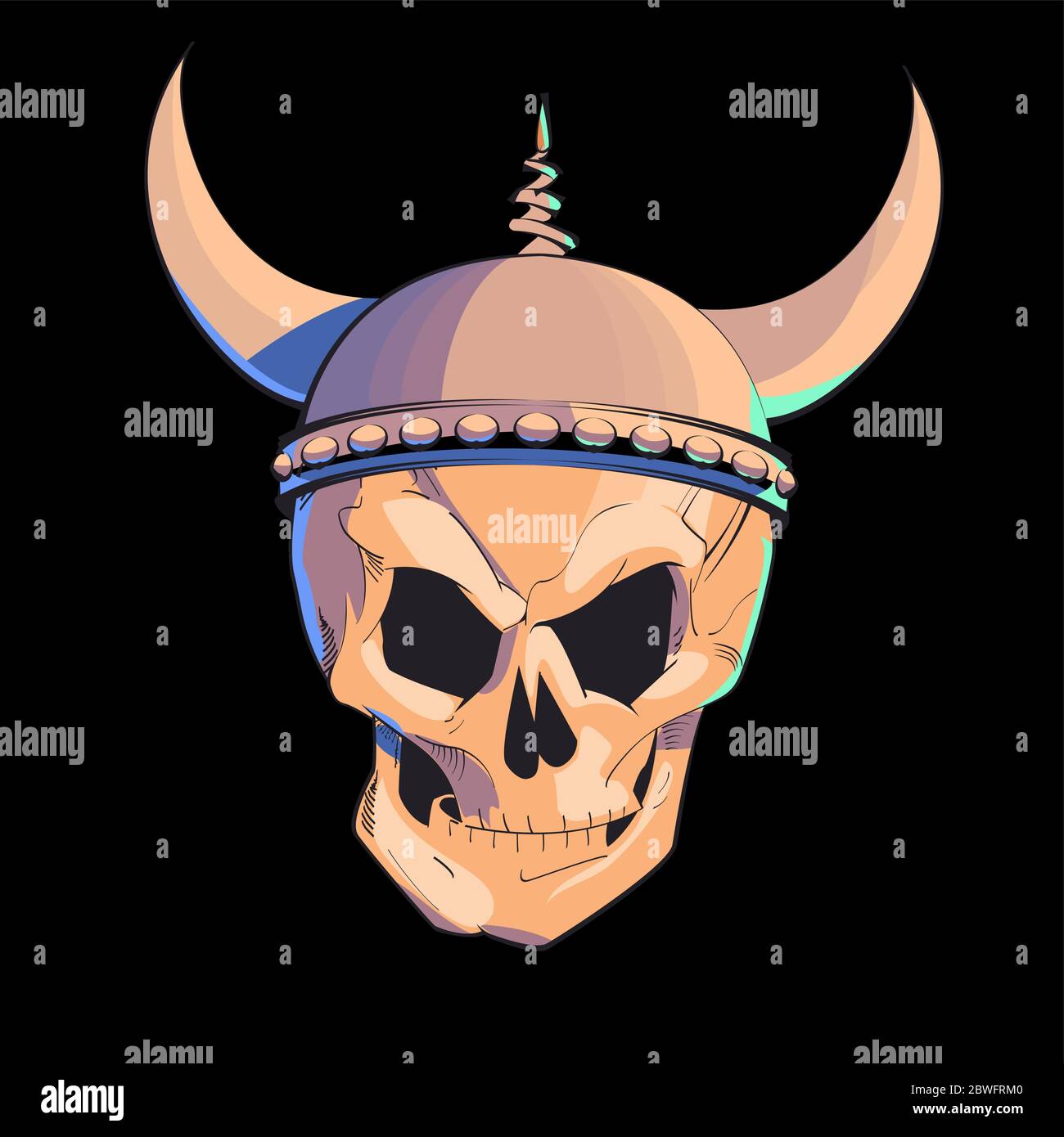 Illustrazione vettoriale di un cranio con casco viking isolato di nero Illustrazione Vettoriale