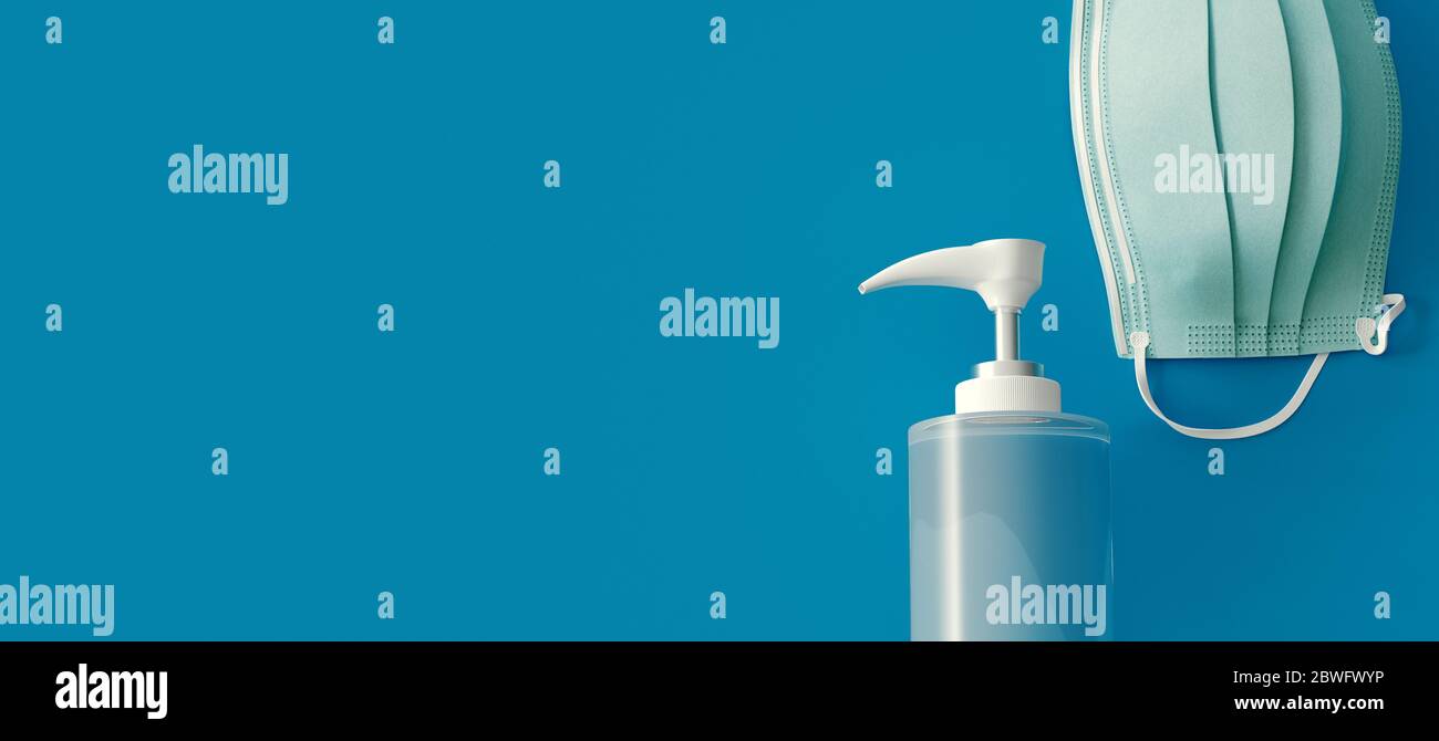 Gel igienizzante o sapone antibatterico e maschera facciale per misure preventive del coronavirus, vista dall'alto. Concetto di virus corona. rendering 3d Foto Stock