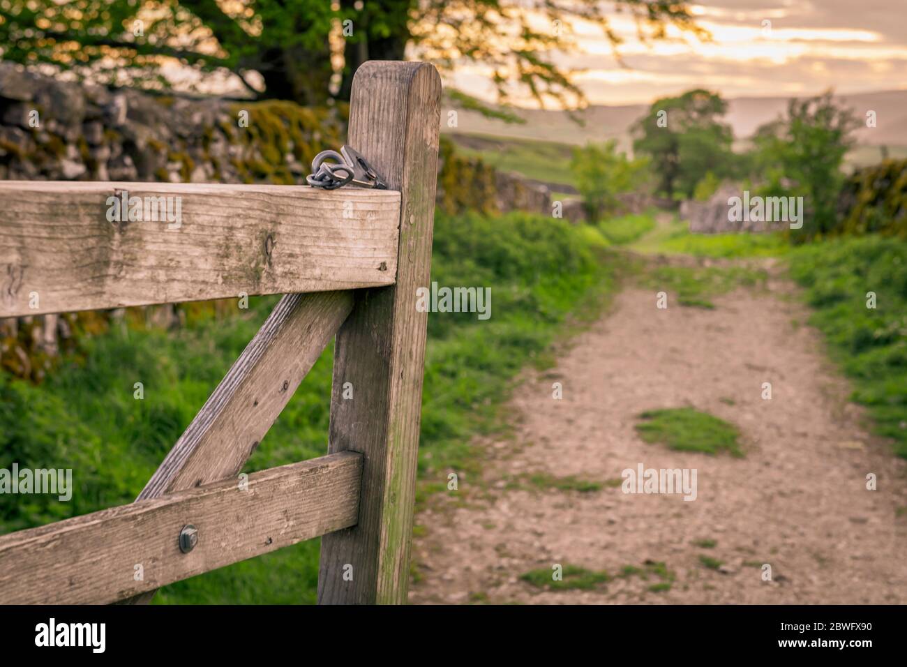 Porta aperta che conduce ad un sentiero attraverso la campagna. Foto Stock