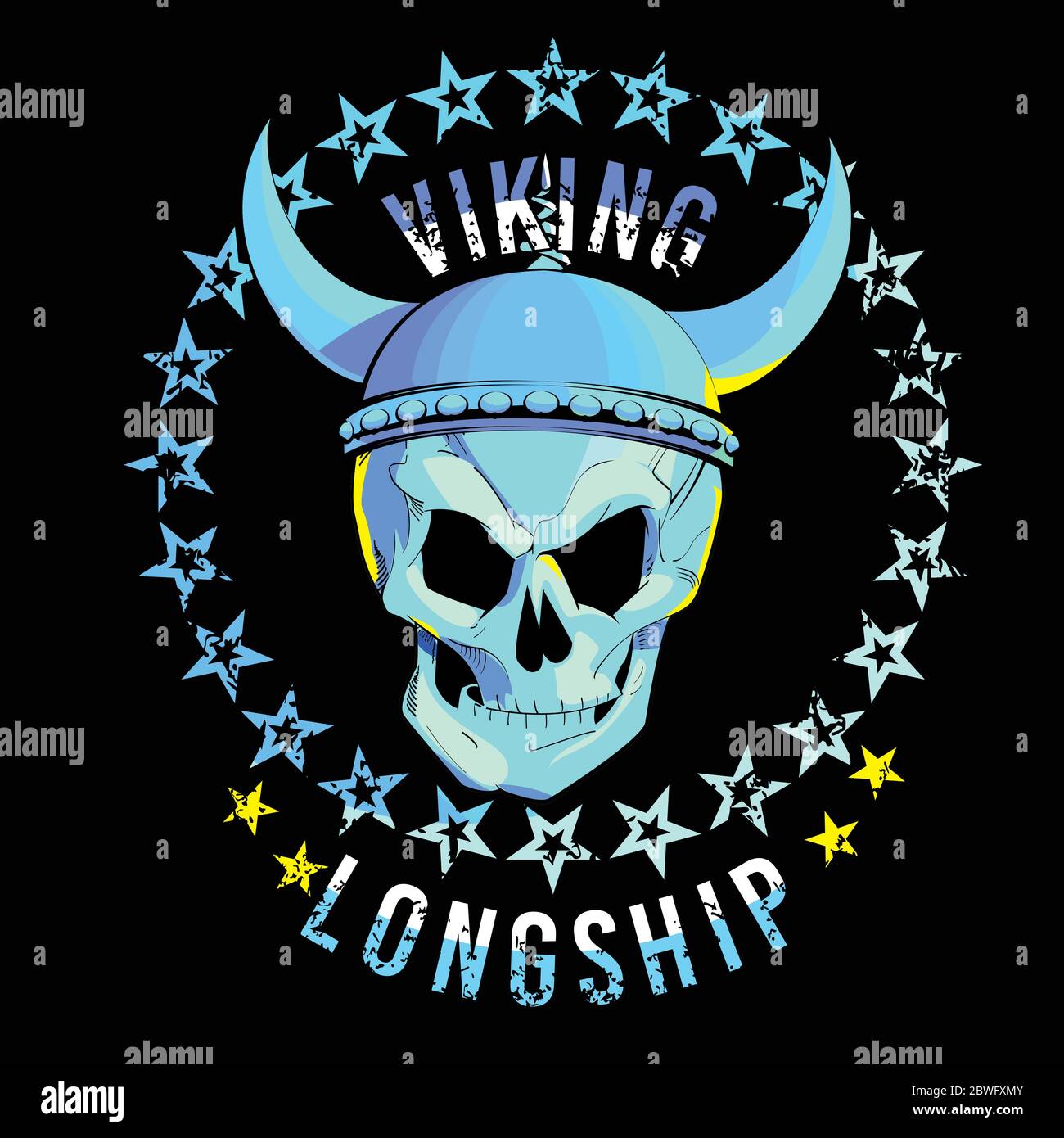 Disegno vettoriale per t-shirt di un cranio vichingo con un cerchio di stelle e lettere su sfondo nero. Illustrazione Vettoriale